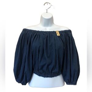 Vibrant m.i.u. Off Shoulder Crop Top Peasant Balloon S Denim Blue Coquette Style